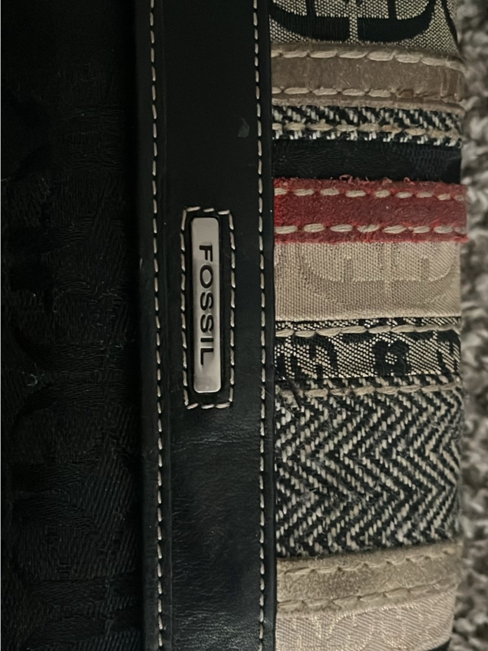 Fossil Black Leather-Trim Multicolor Striped Canvas Bag